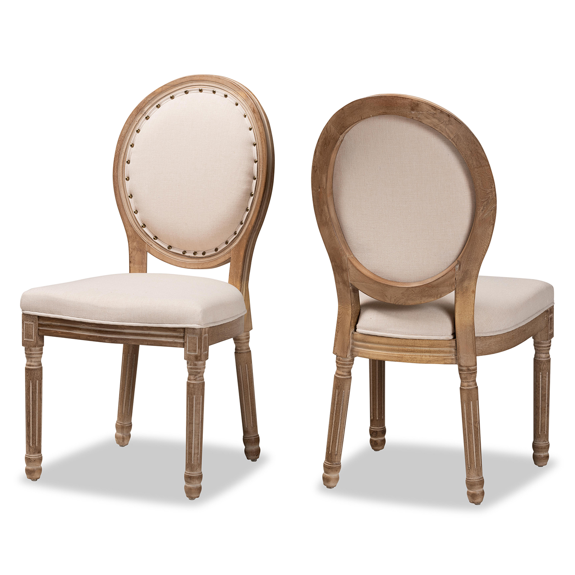 Baxton Studio Louis Traditional French Inspired Beige Fabric Upholstered and Antique Brown Finished Wood 2-Piece Dining Chair Set Affordable modern furniture in Chicago, classic dining room furniture, modern dining chairs, cheap dining chairs